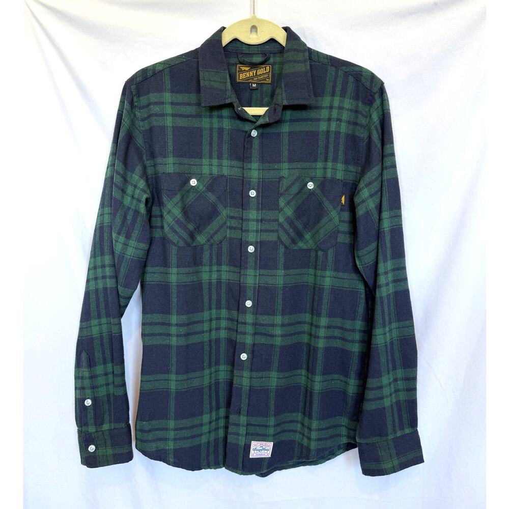 Benny Gold Green Navy Plaid Button Up Flannel, Medium